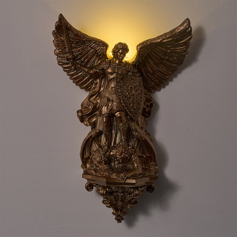 Christianartworkshop Grande scultura murale di San Michele alato con retroilluminazione: emblema di nobile rifugio celeste - image 1