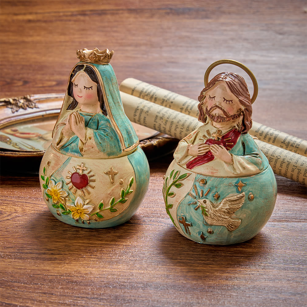 Christianartworkshop Confezione da 2 scatole porta rosario con statuette del Sacro Cuore, Gesù e la Vergine Maria, decorazioni religiose. - image 0