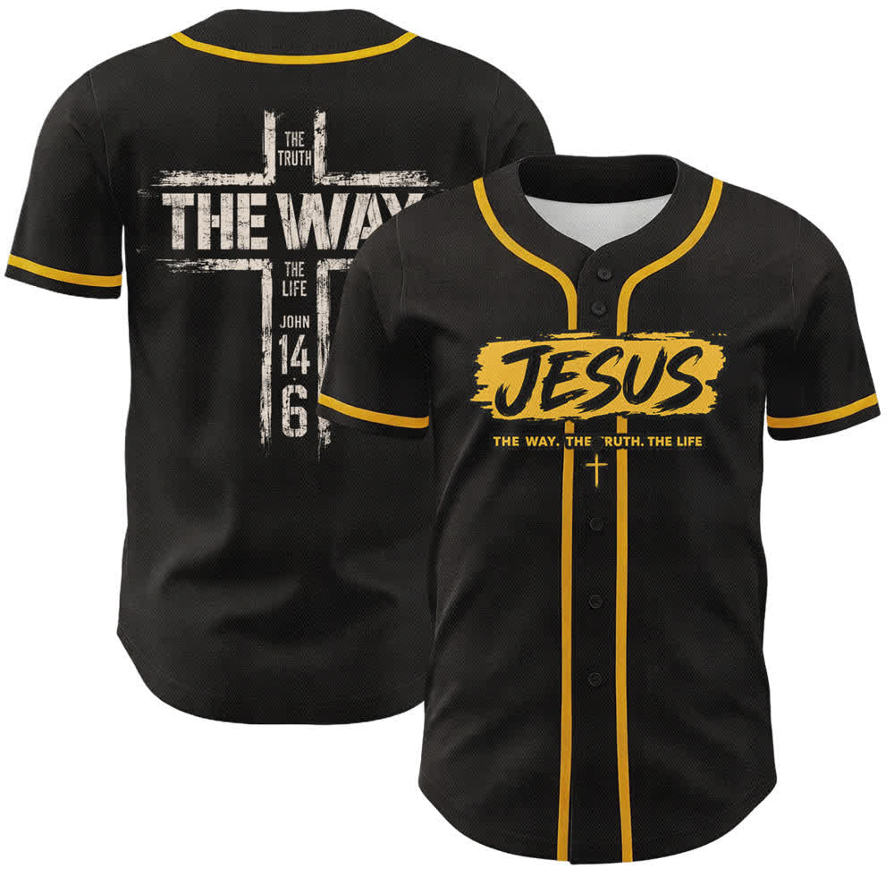 Christianartworkshop Maglia da baseball nera con stampa a pennello "Gesù la Via" - Giallo - 5XL - image 14
