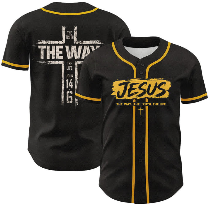 Christianartworkshop Maglia da baseball nera con stampa a pennello "Gesù la Via" - Giallo - 5XL - image 14