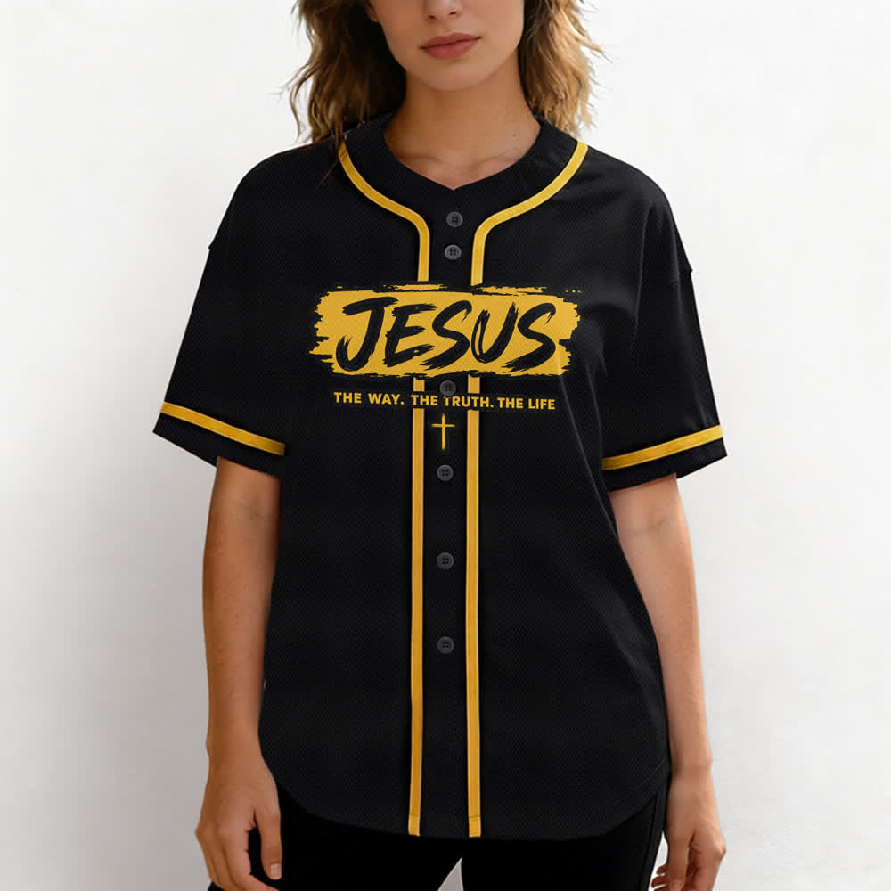 Christianartworkshop Maglia da baseball nera con stampa a pennello "Gesù la Via" - image 18
