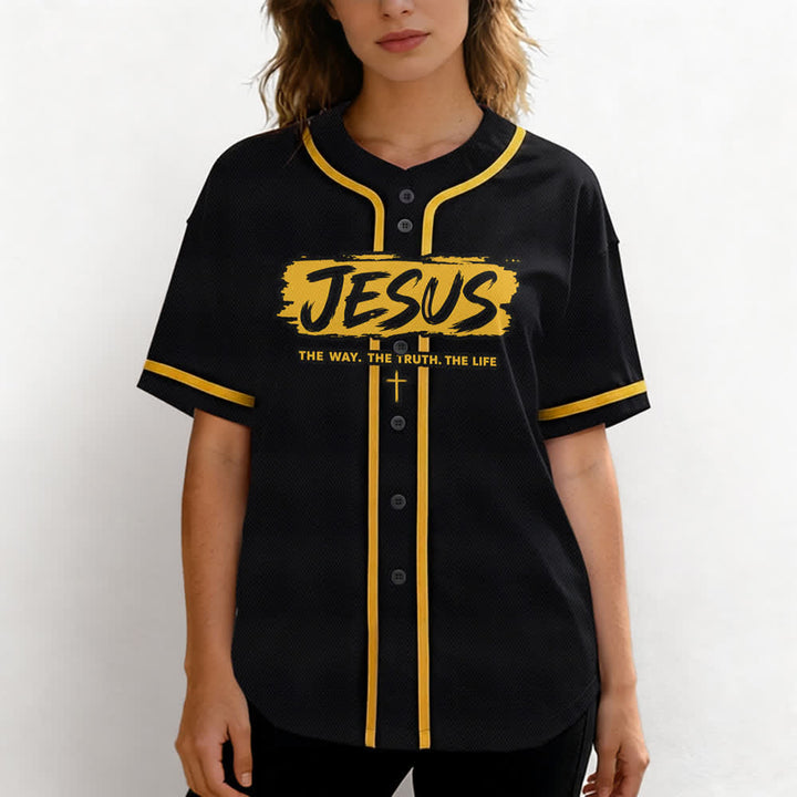 Christianartworkshop Maglia da baseball nera con stampa a pennello "Gesù la Via" - image 18