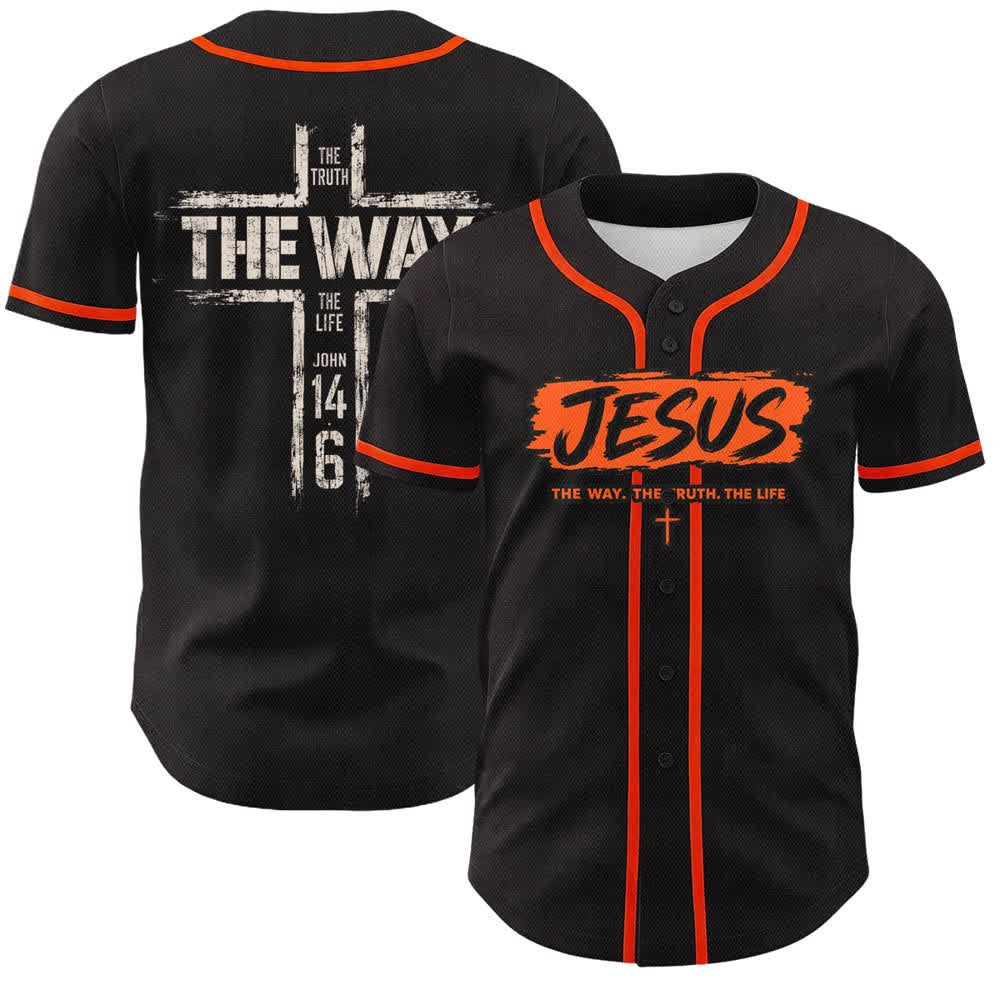 Christianartworkshop Maglia da baseball nera con stampa a pennello "Gesù la Via" - Arancia - 5XL - image 21