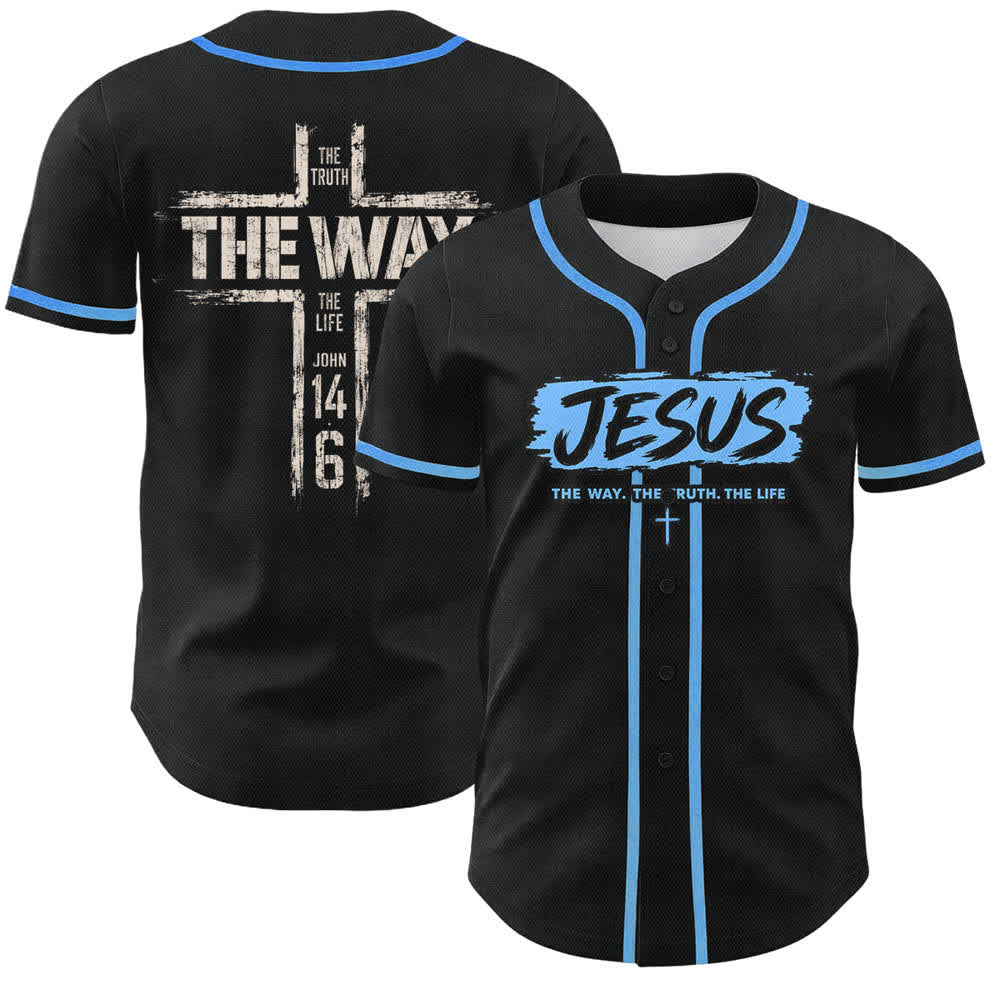 Christianartworkshop Maglia da baseball nera con stampa a pennello "Gesù la Via" - Blu celeste - 5XL - image 35