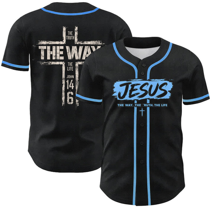 Christianartworkshop Maglia da baseball nera con stampa a pennello "Gesù la Via" - Blu celeste - 5XL - image 35