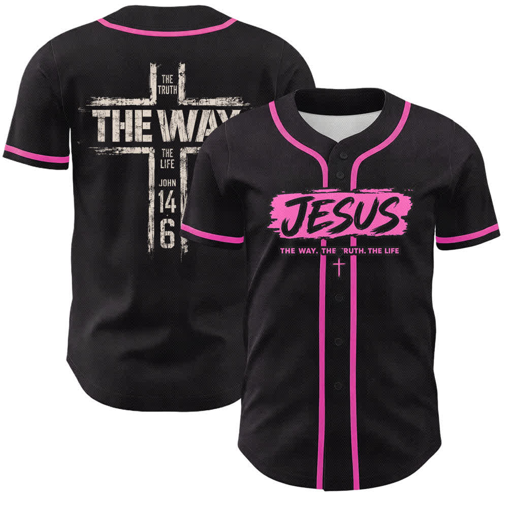 Christianartworkshop Maglia da baseball nera con stampa a pennello "Gesù la Via" - Rosa - 5XL - image 42
