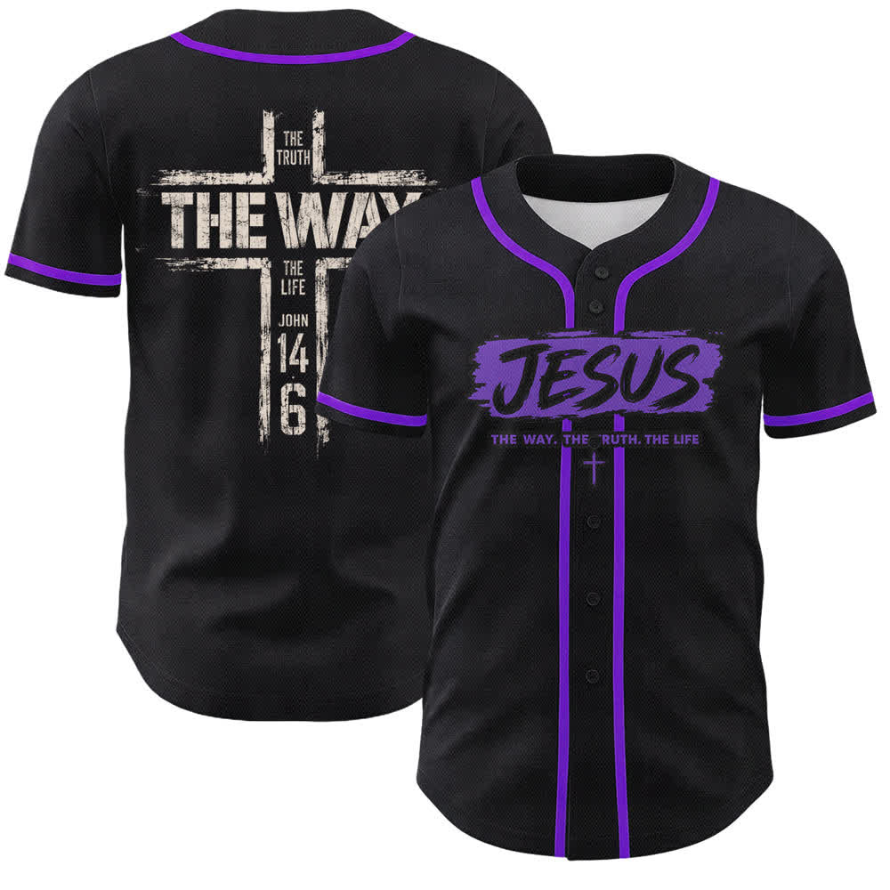 Christianartworkshop Maglia da baseball nera con stampa a pennello "Gesù la Via" - Viola - 5XL - image 49