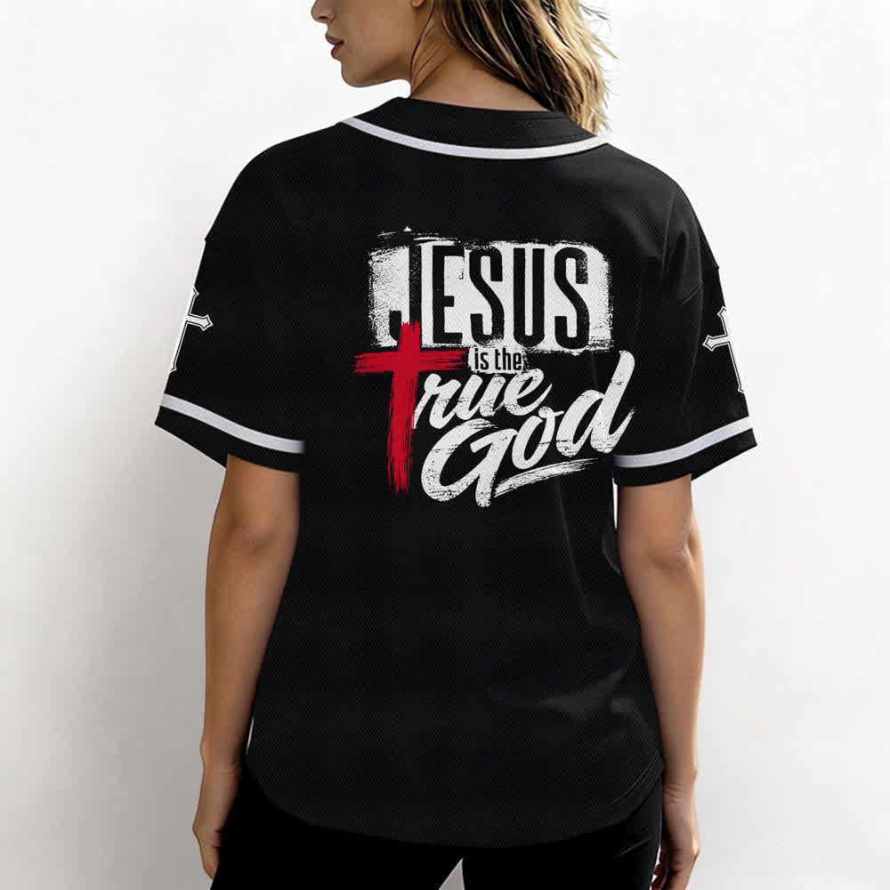 Christianartworkshop Gesù Vero Dio Croce Rossa Maglia da baseball nera - image 3