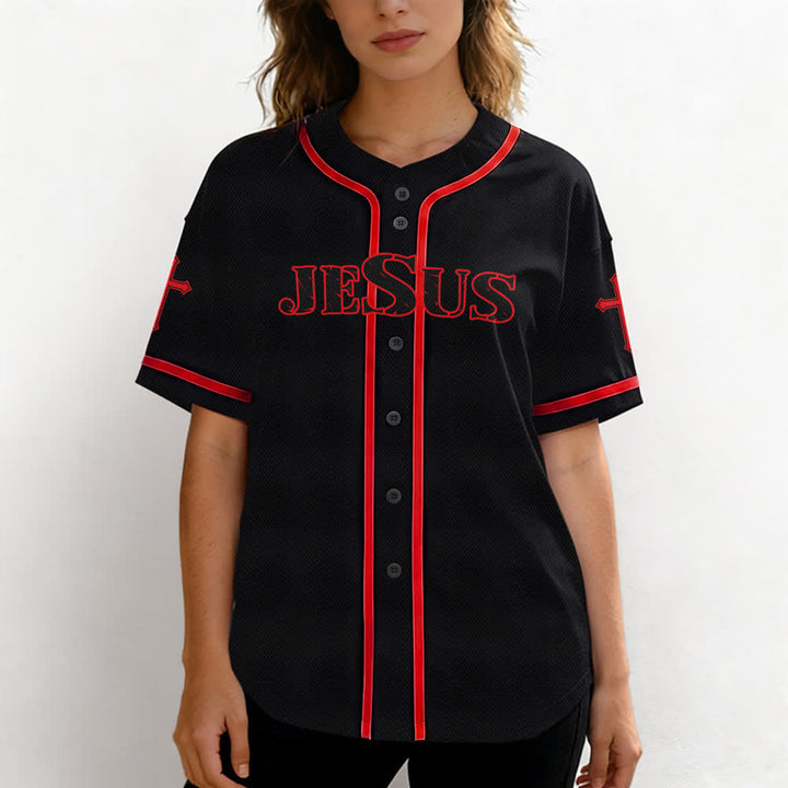 Christianartworkshop Gesù Vero Dio Croce Rossa Maglia da baseball nera - image 18
