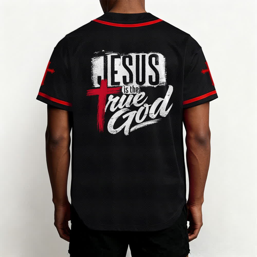 Christianartworkshop Gesù Vero Dio Croce Rossa Maglia da baseball nera - image 19