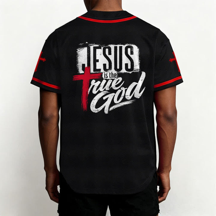 Christianartworkshop Gesù Vero Dio Croce Rossa Maglia da baseball nera - image 19