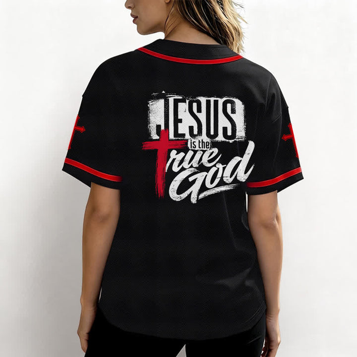 Christianartworkshop Gesù Vero Dio Croce Rossa Maglia da baseball nera - image 17