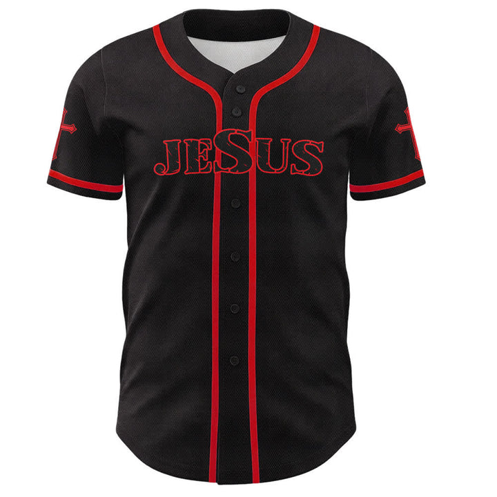 Christianartworkshop Gesù Vero Dio Croce Rossa Maglia da baseball nera - image 16