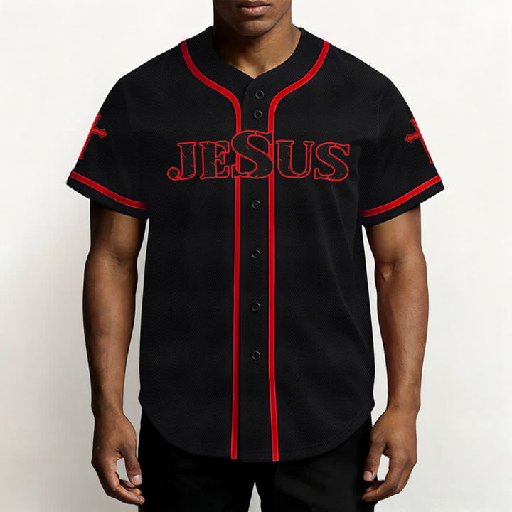 Christianartworkshop Gesù Vero Dio Croce Rossa Maglia da baseball nera - image 20