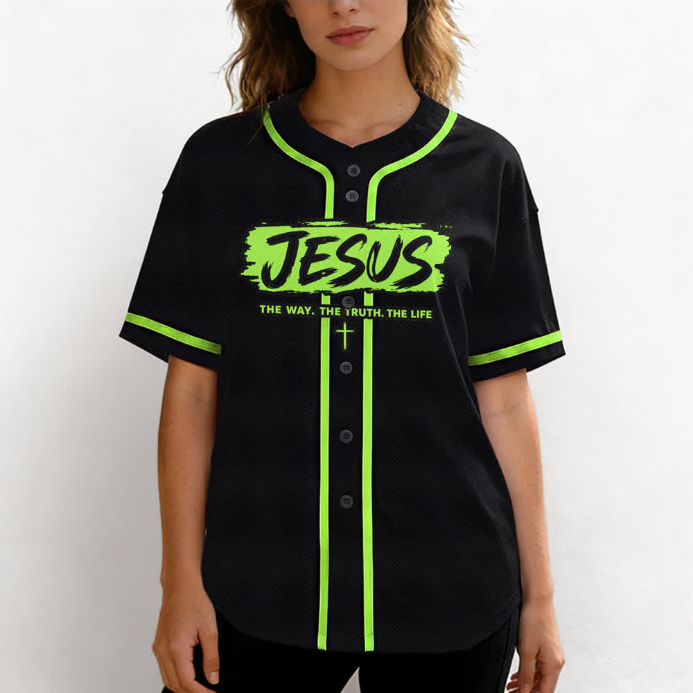 Christianartworkshop Maglia da baseball nera con stampa a pennello "Gesù la Via" - image 60