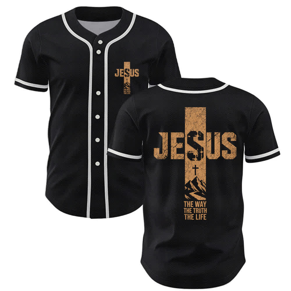 Christianartworkshop Maglia da baseball con croce di Gesù e bottoni sul davanti effetto invecchiato - Nero - 5XL - image 7