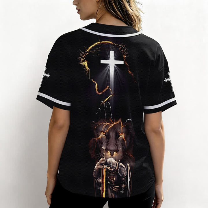 Christianartworkshop Maglia da baseball nera con bottoni raffigurante l'armatura del leone di Gesù - image 3
