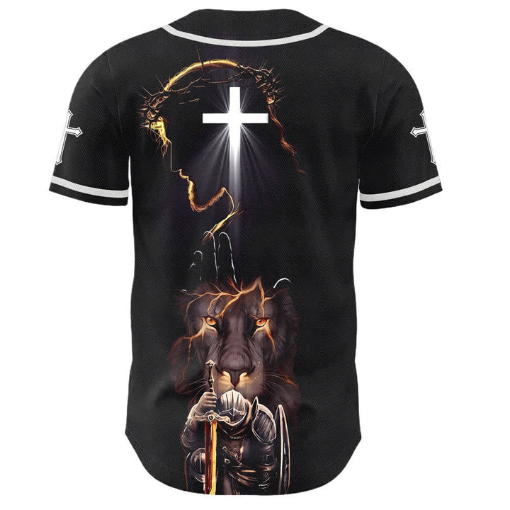 Christianartworkshop Maglia da baseball nera con bottoni raffigurante l'armatura del leone di Gesù - image 1