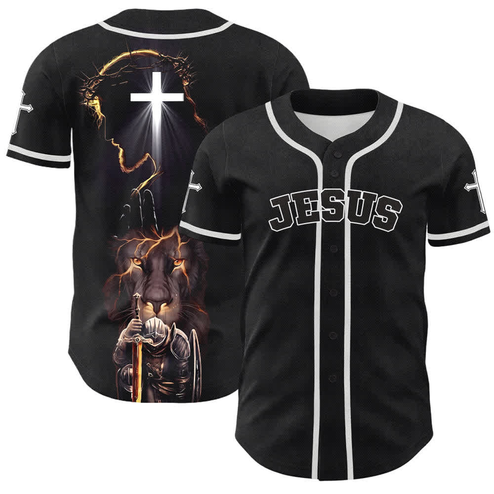 Christianartworkshop Maglia da baseball nera con bottoni raffigurante l'armatura del leone di Gesù - Bianco - 5XL - image 0