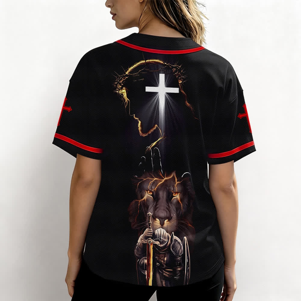 Christianartworkshop Maglia da baseball nera con bottoni raffigurante l'armatura del leone di Gesù - image 10