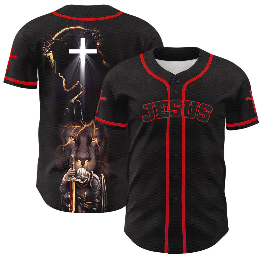 Christianartworkshop Maglia da baseball nera con bottoni raffigurante l'armatura del leone di Gesù - Rosso - 5XL - image 7