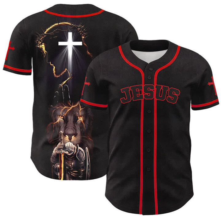 Christianartworkshop Maglia da baseball nera con bottoni raffigurante l'armatura del leone di Gesù - Rosso - 5XL - image 7