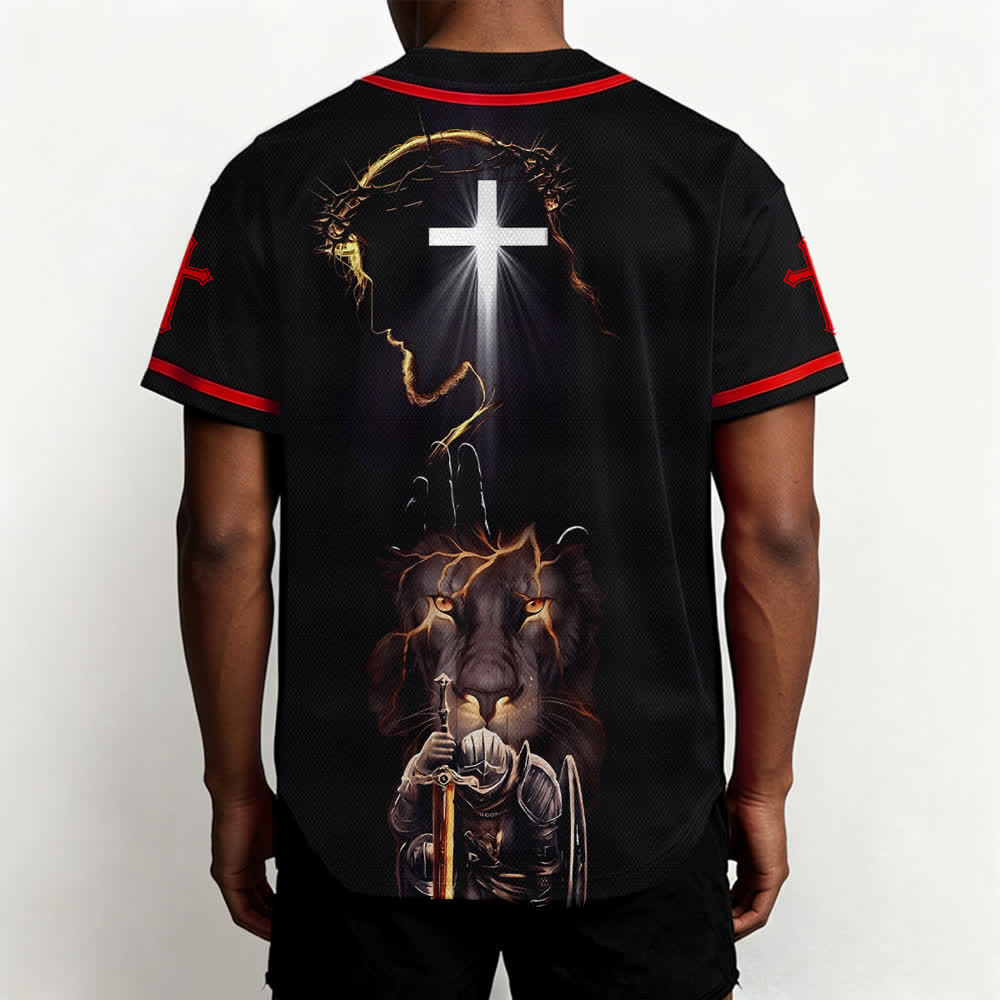 Christianartworkshop Maglia da baseball nera con bottoni raffigurante l'armatura del leone di Gesù - image 12