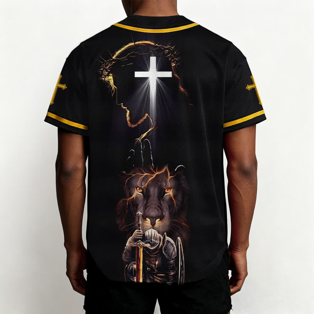 Christianartworkshop Maglia da baseball nera con bottoni raffigurante l'armatura del leone di Gesù - image 19