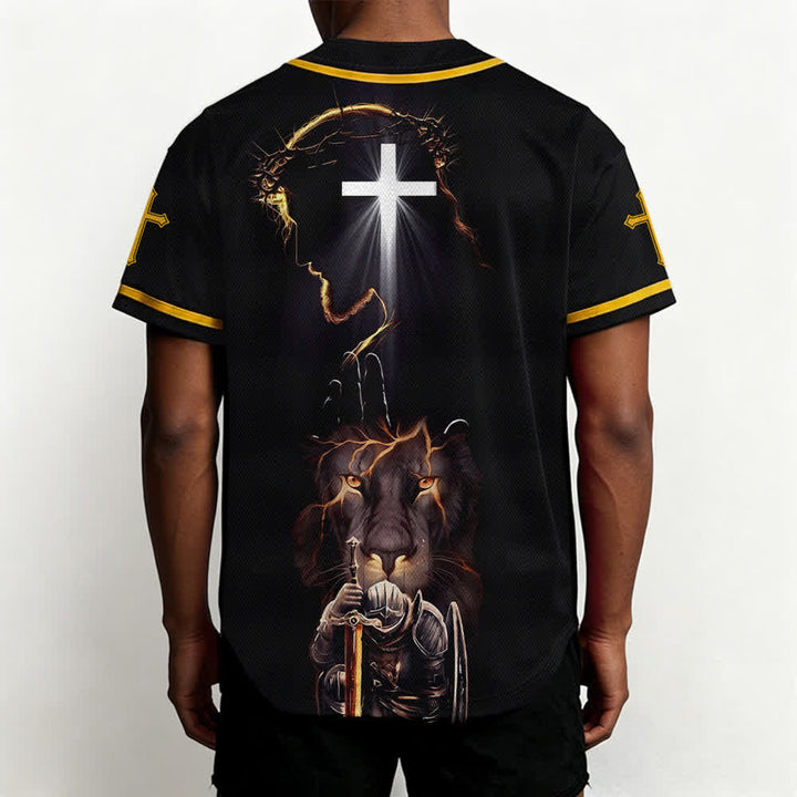 Christianartworkshop Maglia da baseball nera con bottoni raffigurante l'armatura del leone di Gesù - image 19