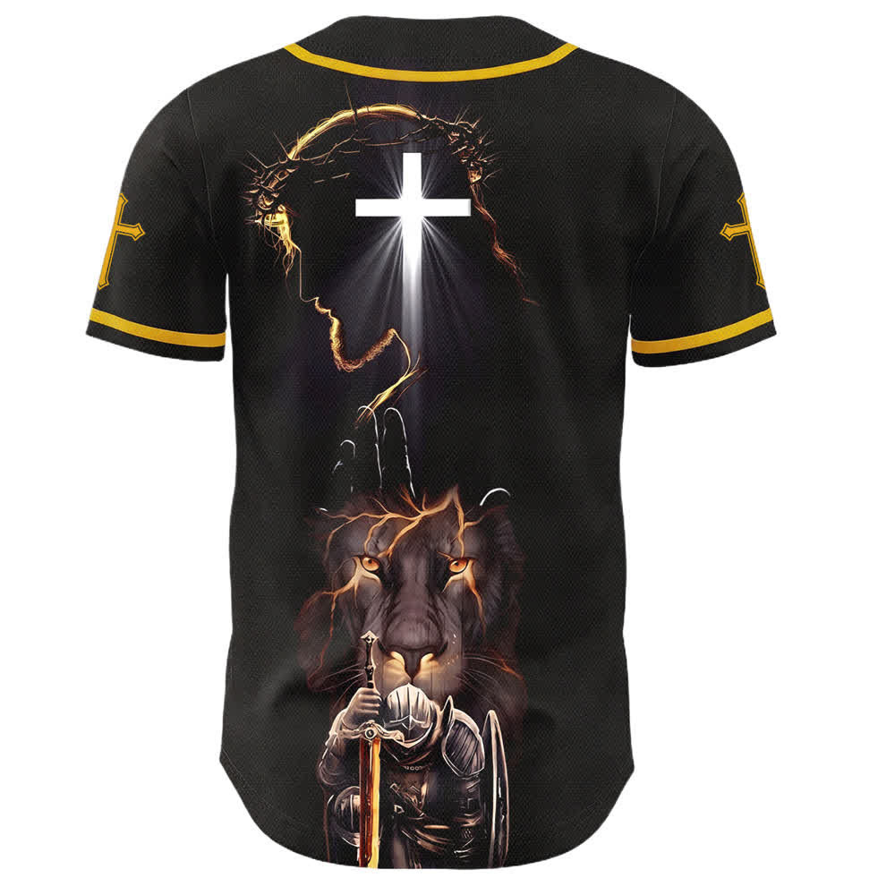 Christianartworkshop Maglia da baseball nera con bottoni raffigurante l'armatura del leone di Gesù - image 15