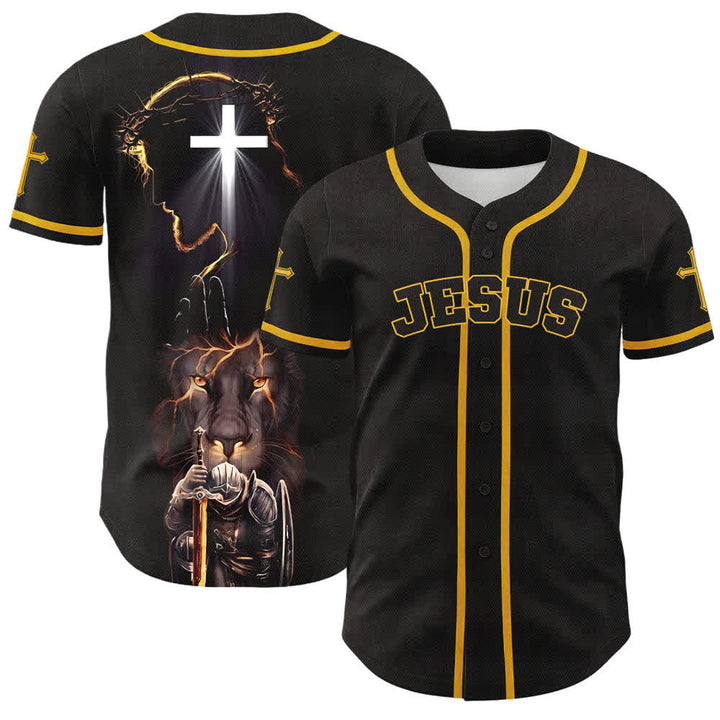 Christianartworkshop Maglia da baseball nera con bottoni raffigurante l'armatura del leone di Gesù - Giallo - 5XL - image 14
