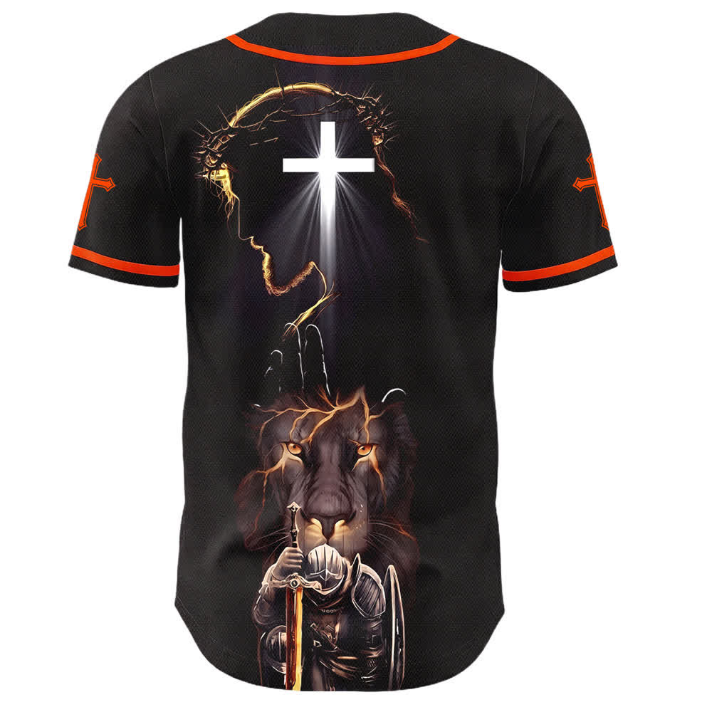 Christianartworkshop Maglia da baseball nera con bottoni raffigurante l'armatura del leone di Gesù - image 22