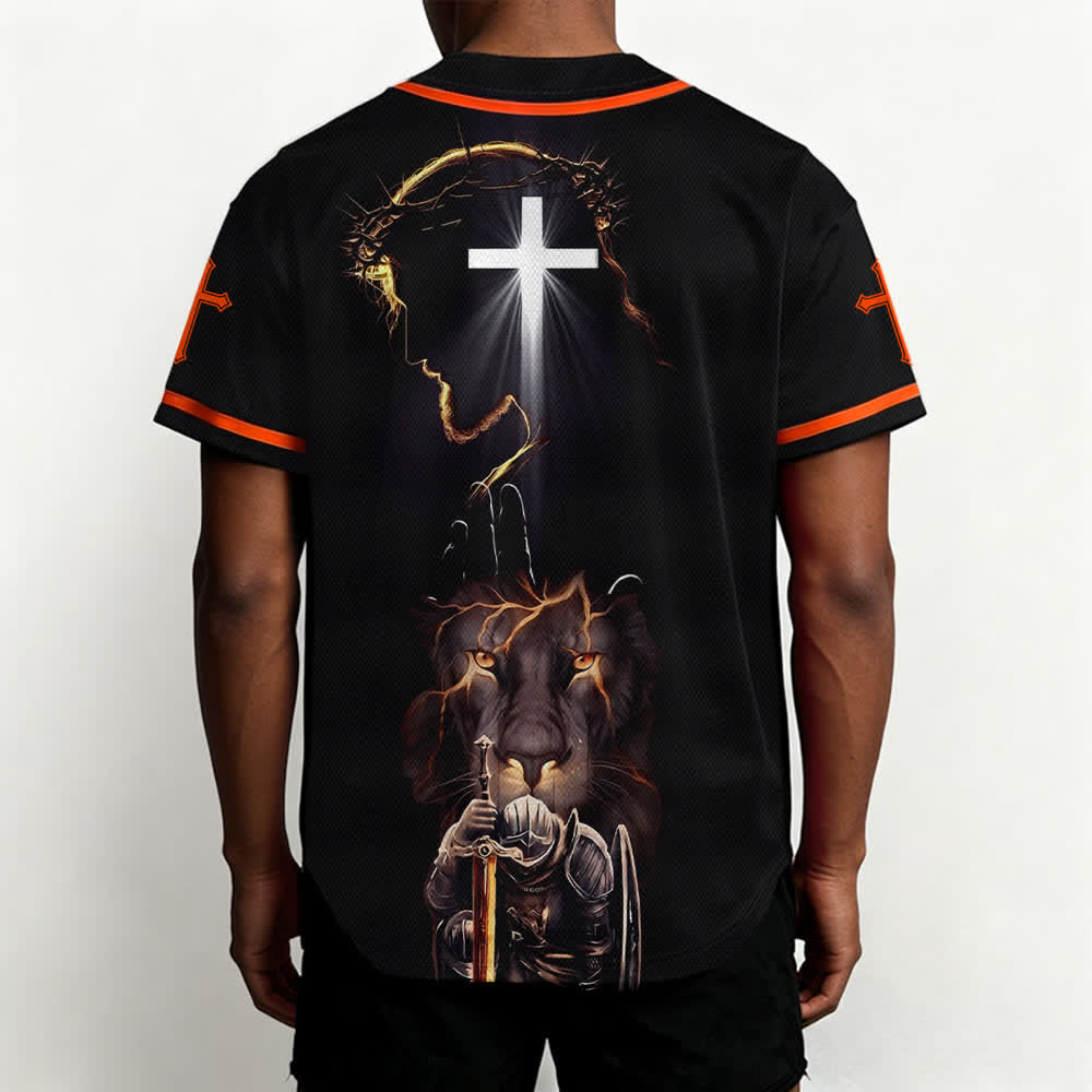 Christianartworkshop Maglia da baseball nera con bottoni raffigurante l'armatura del leone di Gesù - image 24