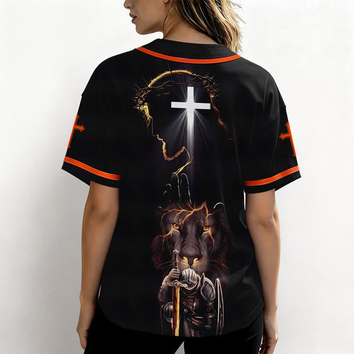 Christianartworkshop Maglia da baseball nera con bottoni raffigurante l'armatura del leone di Gesù - image 26