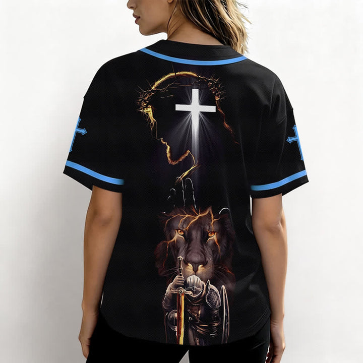 Christianartworkshop Maglia da baseball nera con bottoni raffigurante l'armatura del leone di Gesù - image 31