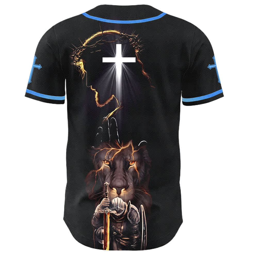 Christianartworkshop Maglia da baseball nera con bottoni raffigurante l'armatura del leone di Gesù - image 29