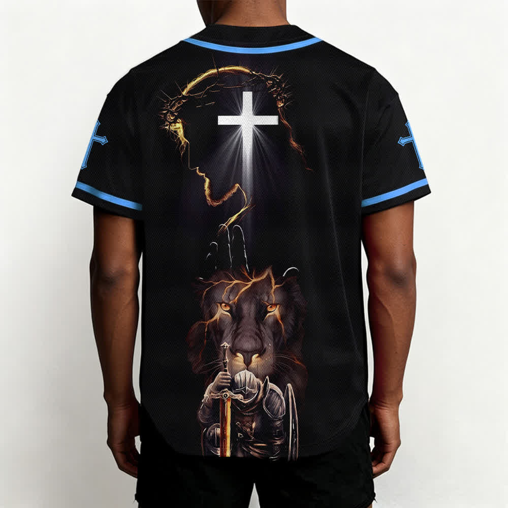 Christianartworkshop Maglia da baseball nera con bottoni raffigurante l'armatura del leone di Gesù - image 33