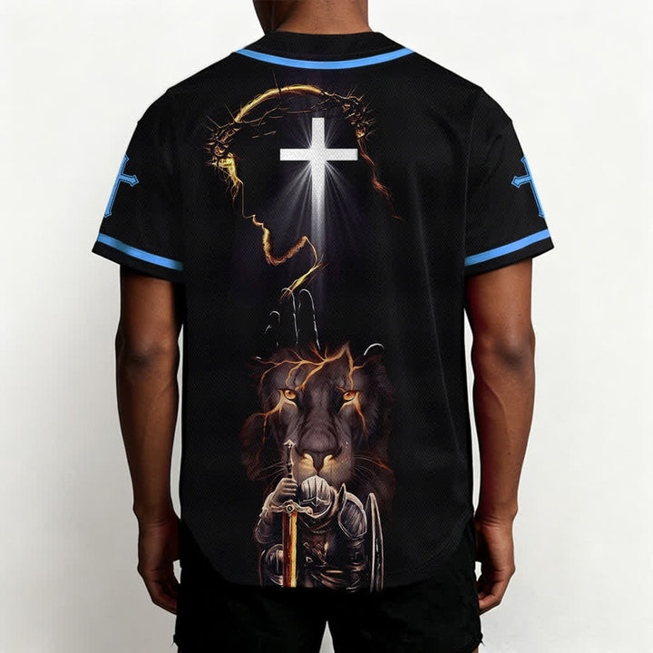 Christianartworkshop Maglia da baseball nera con bottoni raffigurante l'armatura del leone di Gesù - image 33
