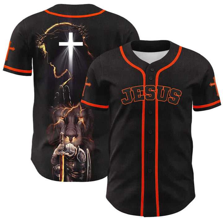 Christianartworkshop Maglia da baseball nera con bottoni raffigurante l'armatura del leone di Gesù - Arancia - 5XL - image 21
