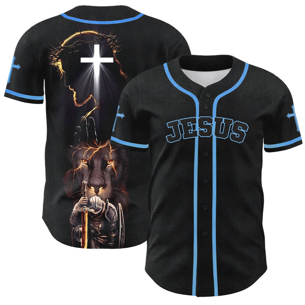 Christianartworkshop Maglia da baseball nera con bottoni raffigurante l'armatura del leone di Gesù - Blu celeste - 5XL - image 28
