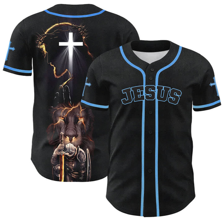 Christianartworkshop Maglia da baseball nera con bottoni raffigurante l'armatura del leone di Gesù - Blu celeste - 5XL - image 28