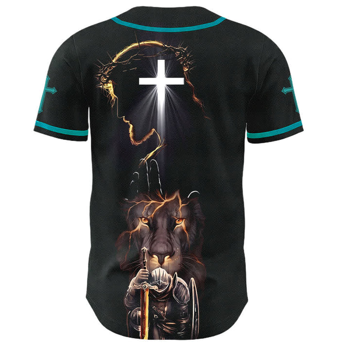 Christianartworkshop Maglia da baseball nera con bottoni raffigurante l'armatura del leone di Gesù - image 36