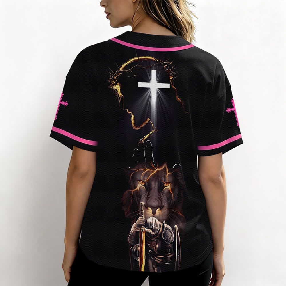 Christianartworkshop Maglia da baseball nera con bottoni raffigurante l'armatura del leone di Gesù - image 45