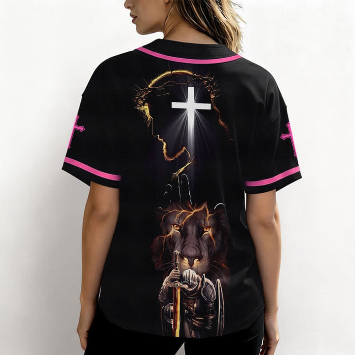 Christianartworkshop Maglia da baseball nera con bottoni raffigurante l'armatura del leone di Gesù - image 45