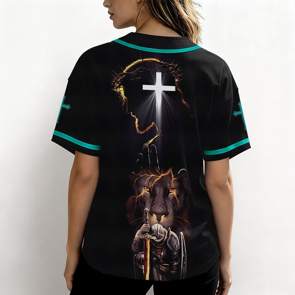 Christianartworkshop Maglia da baseball nera con bottoni raffigurante l'armatura del leone di Gesù - image 38