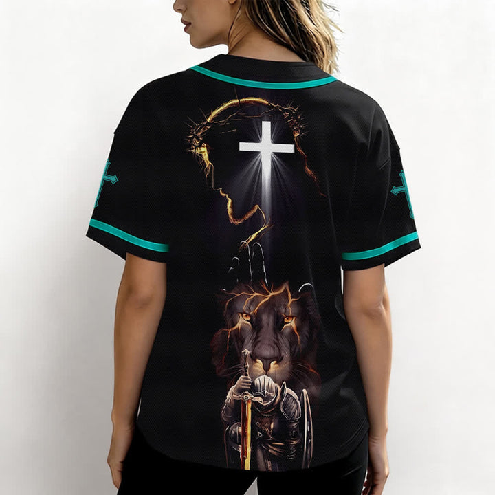 Christianartworkshop Maglia da baseball nera con bottoni raffigurante l'armatura del leone di Gesù - image 38