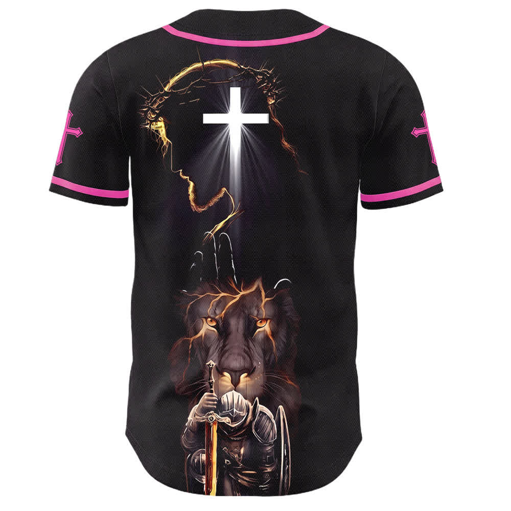 Christianartworkshop Maglia da baseball nera con bottoni raffigurante l'armatura del leone di Gesù - image 43
