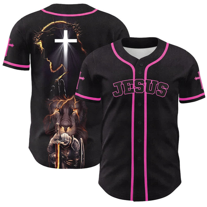 Christianartworkshop Maglia da baseball nera con bottoni raffigurante l'armatura del leone di Gesù - Rosa - 5XL - image 42