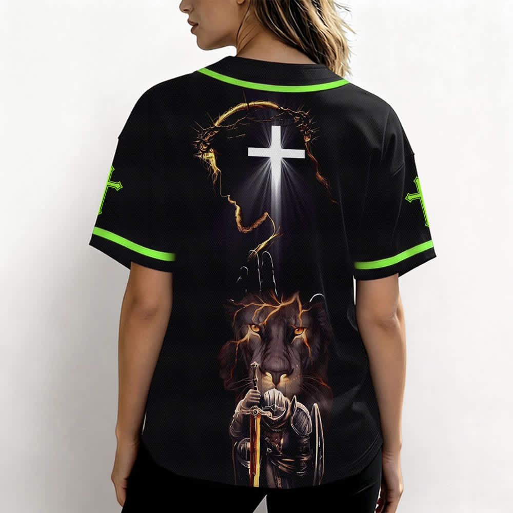 Christianartworkshop Maglia da baseball nera con bottoni raffigurante l'armatura del leone di Gesù - image 52
