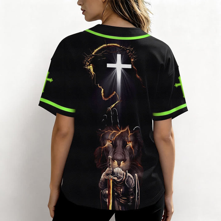 Christianartworkshop Maglia da baseball nera con bottoni raffigurante l'armatura del leone di Gesù - image 52